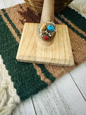 Vintage Navajo Sterling Silver, 14K Gold, Turquoise & Coral Ring Size 10