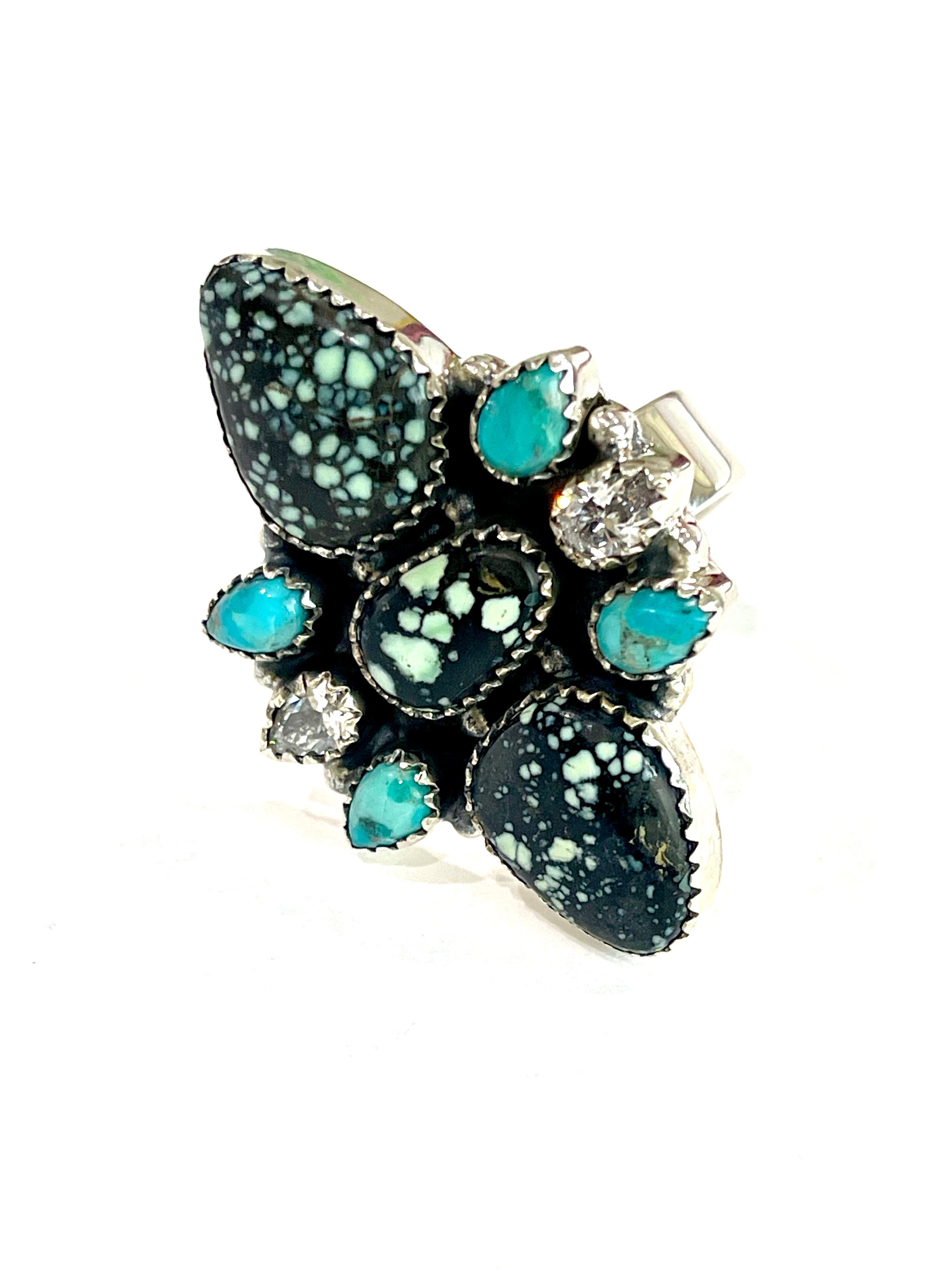 Beautiful Handmade New Lander Turquoise, Multi Stone And Sterling Silver Adjustable Ring