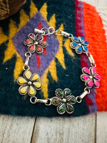 Zuni Multicolor Opal & Sterling Silver Flower Link Bracelet