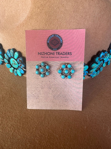 Beautiful Navajo Turquoise And Sterling Silver 7 Stone Flower Post Earrings