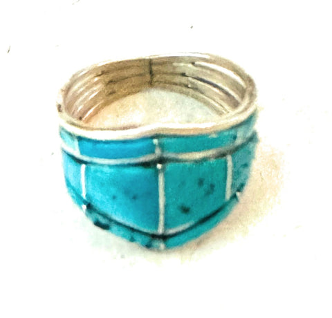 Navajo Sterling Silver & Turquoise Inlay Ring Size 7.5