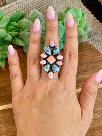 Beautiful Handmade Golden Hills Turquoise, Pink Conch And Sterling Silver Adjustable Ring