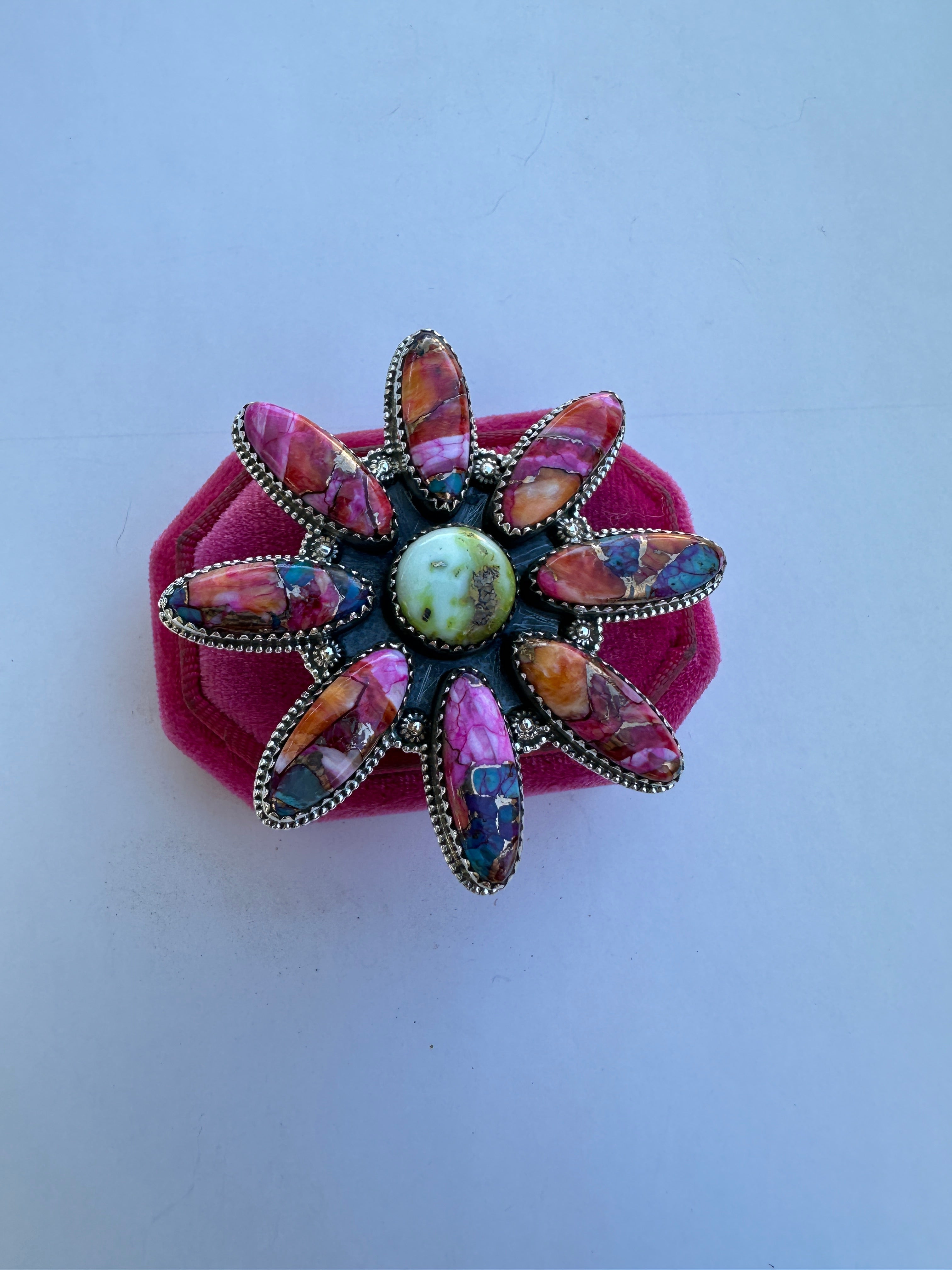 Nizhoni Handmade Pink Dream Mojave, Palomino Turquoise & Sterling Silver Adjustable Flower Ring