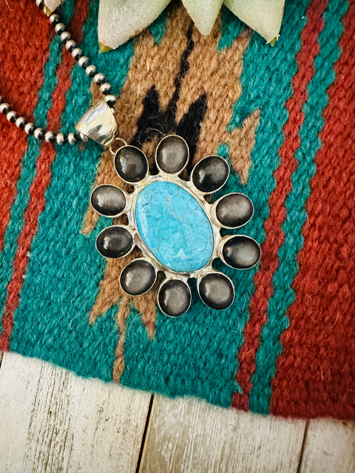 Navajo Black Abalone, Turquoise & Sterling Silver Cluster Pendant