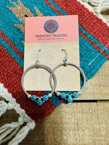 Handmade Turquoise & Sterling Silver Dangle Hoop Earrings Signed Nizhoni