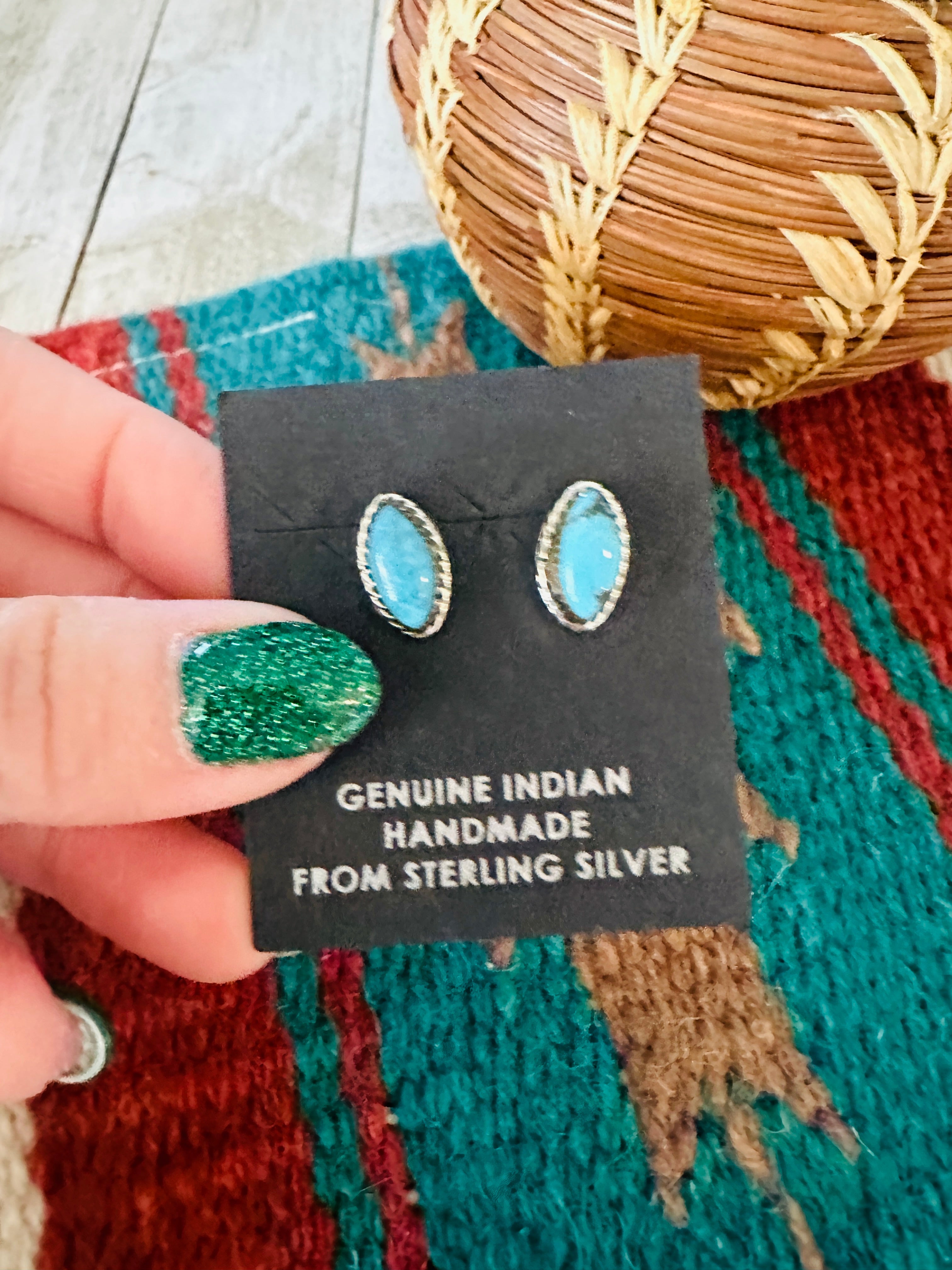 Navajo Turquoise and Sterling Silver Marquise  Stud Earrings