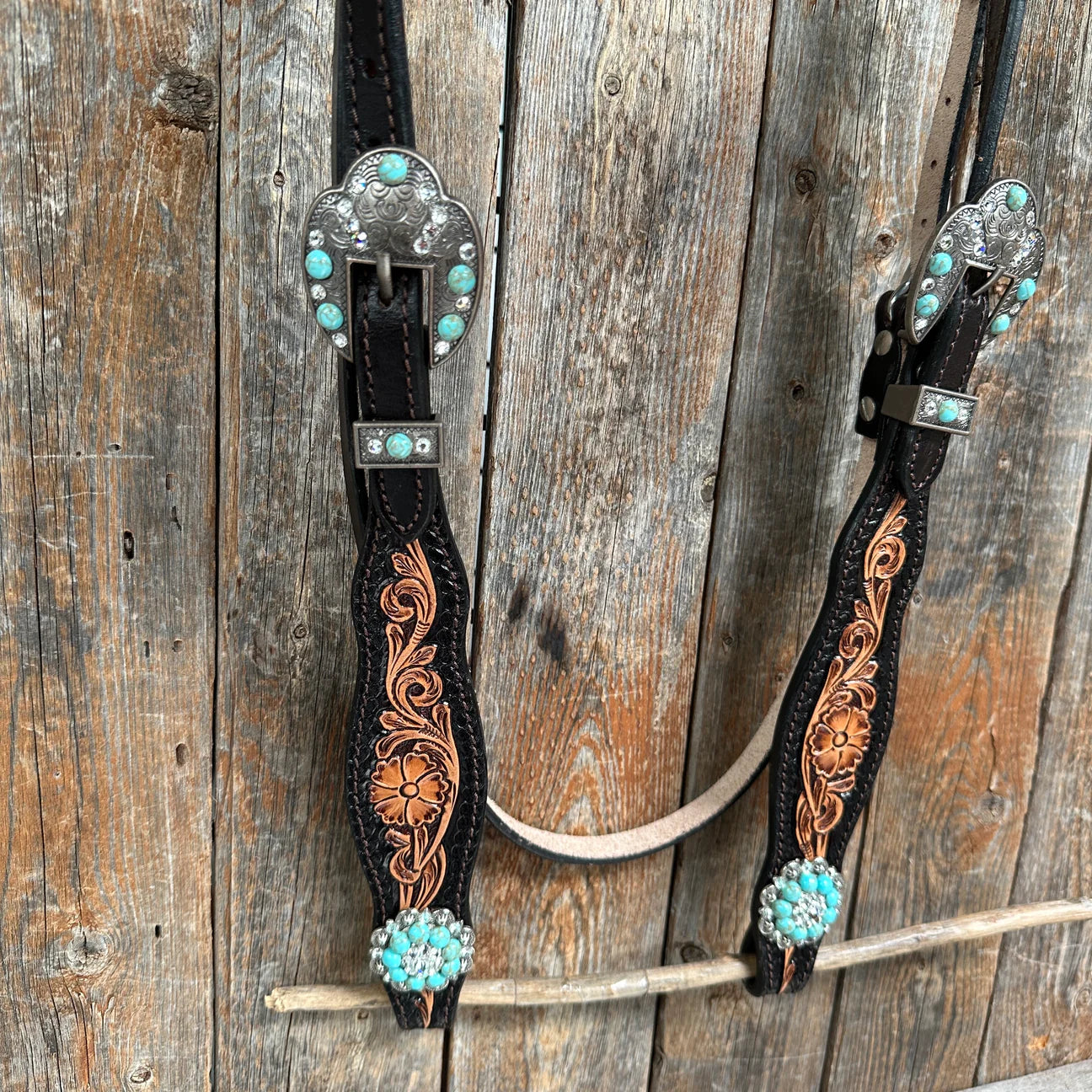 Two Tone Floral Tripping Turquoise & Clear One Ear / Browband Breastcollar Tack Set