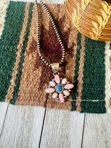 Navajo Queen Pink Conch, Lapis & Sterling Silver Cluster Pendant