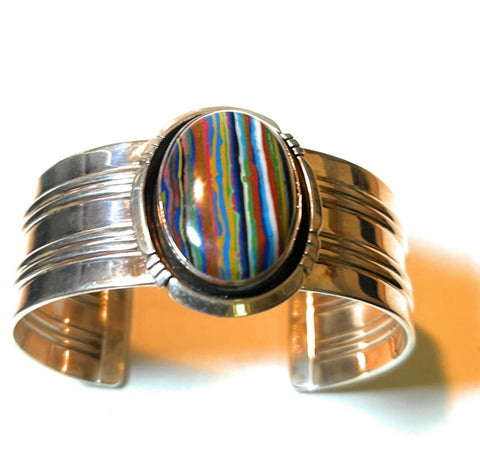 Unique Navajo Sterling Silver & Rainbow Stone Signed Cuff Bracelet