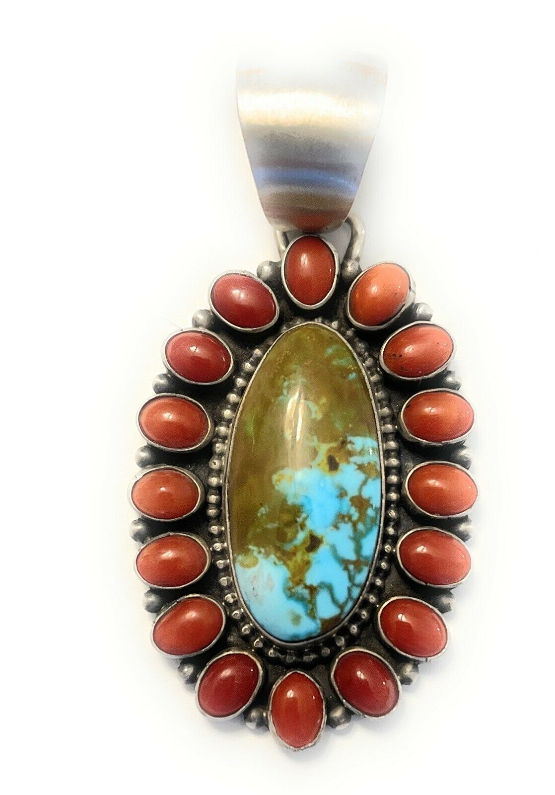 Navajo Sterling Silver Kingman Web Turquoise & Red Coral Taos Cluster Pendant