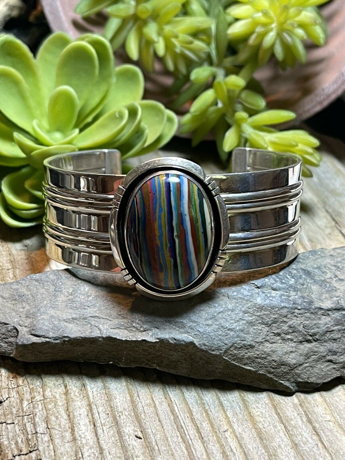 Unique Navajo Sterling Silver & Rainbow Stone Signed Cuff Bracelet