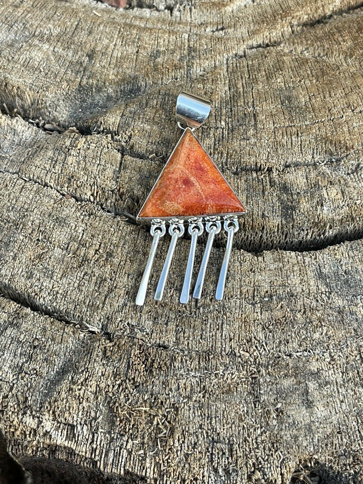 Navajo Sterling Silver Orange Spiny TrIangle Fringe Pendant Signed