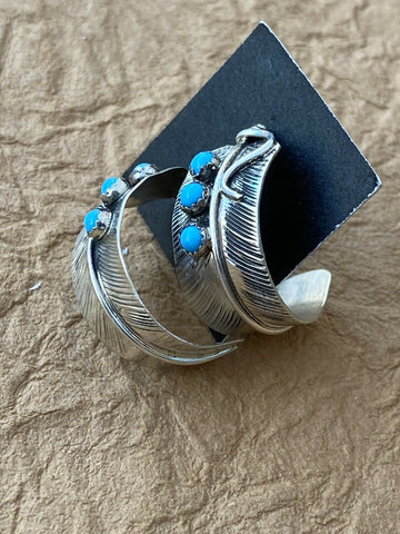 Navajo Sterling Silver & Turquoise Feather Hoop Earrings