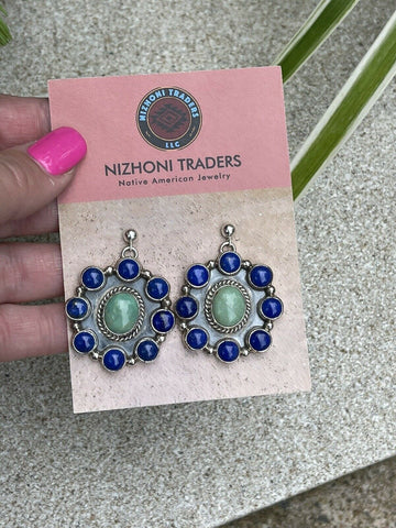 Navajo Sterling Silver Lapis & Turquoise Stone Cluster Dangle Earrings B. Lee