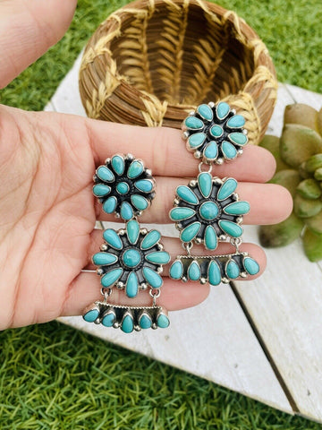 Navajo Handmade Turquoise and Sterling Silver Cluster Dangle Post Earrings