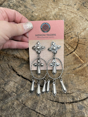 Navajo Sterling Silver Hand Stamped Cross Dangle Post Earrings Stamped Sterling