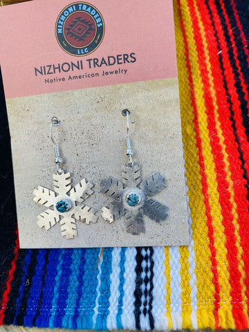 Navajo Sterling Silver & Turquoise Snowflake Dangle Earrings