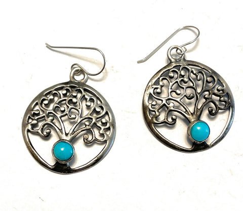 Navajo Sterling Silver Turquoise Tree Of Life Dangle Earrings