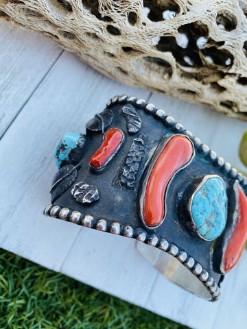 Vintage Navajo Turquoise, Coral & Sterling Silver Cuff Bracelet