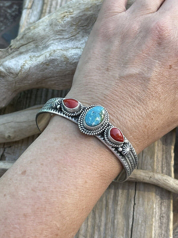 Navajo Sterling Silver Red Coral & Turquoise Bracelet Signed M & R Calladitto