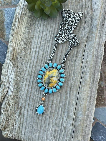 Navajo Bumblebee , Spiny & Turquoise Sterling Drop Cluster Necklace Signed