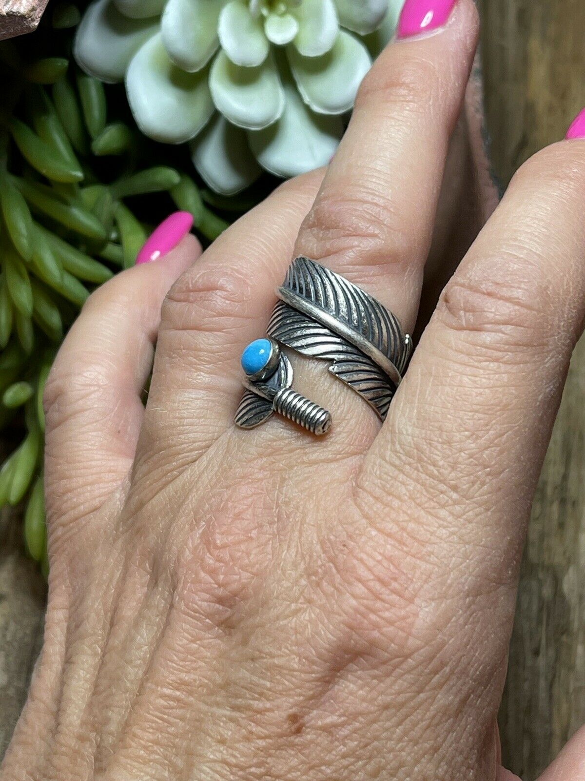 Navajo Sterling Silver & Turquoise Single Feather Adjustable Ring