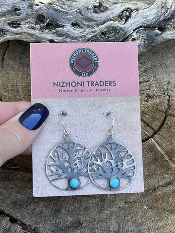 Navajo Sterling Silver Turquoise Tree Of Life Dangle Earrings