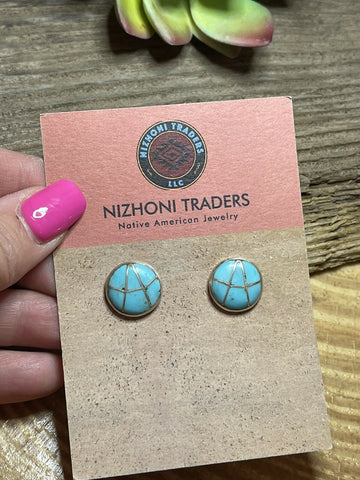 Navajo Sterling Silver & Turquoise Inlay Circle Post Earrings Signed K