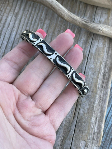 Leander Tahe Hand Stamped Sterling Navajo Bracelet Signed