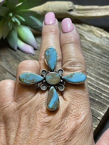 Sterling Silver & Royston Turquoise Scroll Petal Ring Size 7 Signed