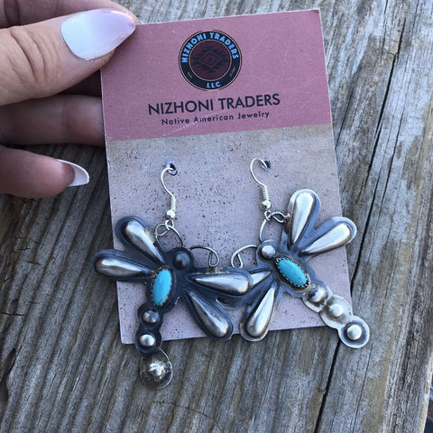 Navajo Sterling Silver  Turquoise Dragonfly Dangle Earrings