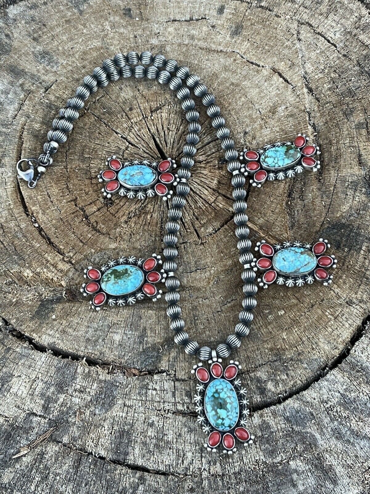 Navajo Sterling Kingman Turquoise Natural Red Coral Necklace Taos Collection