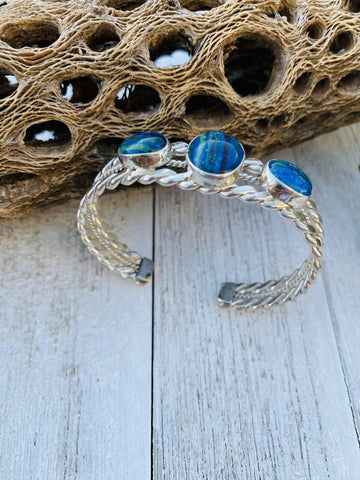 Unique Navajo Sterling Silver & Rainbow 3 stone Cuff Bracelet