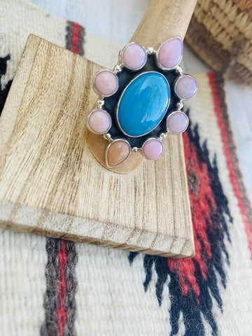 Navajo Rhodochrosite, Turquoise & Sterling Silver Cluster Ring Size 8.5