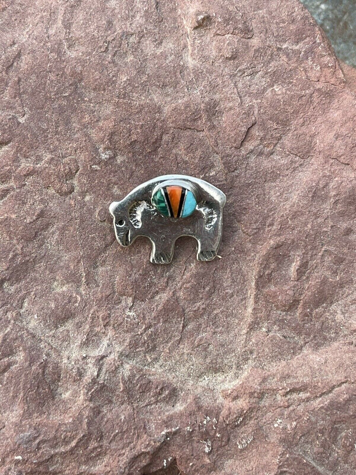 Navajo Sterling Silver Multi Stone Buffalo Pendant Pin Signed