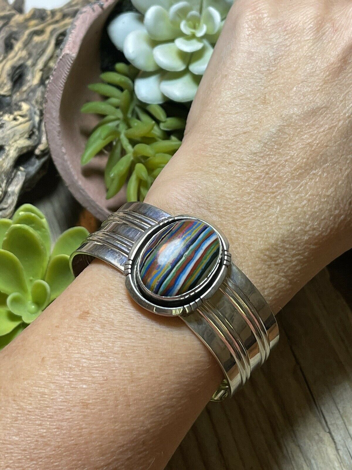 Unique Navajo Sterling Silver & Rainbow Stone Signed Cuff Bracelet