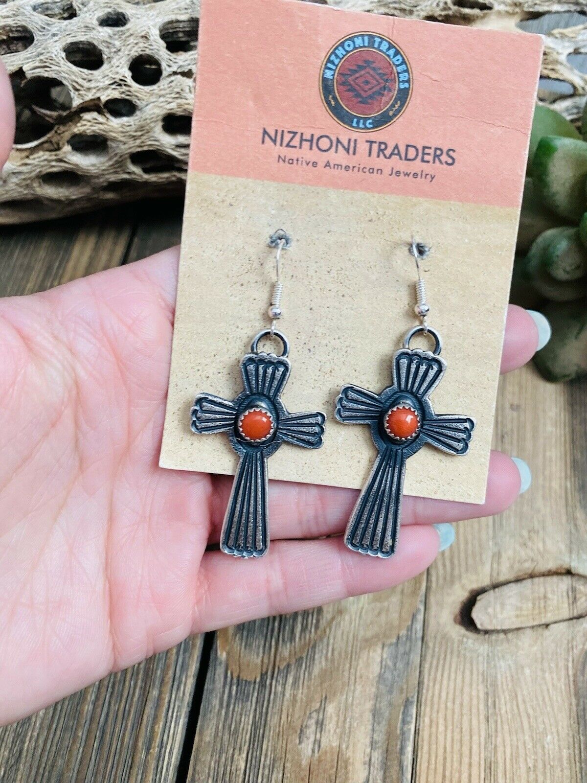 Navajo Coral & Sterling Silver Cross Dangle Earrings By Kevin Billah