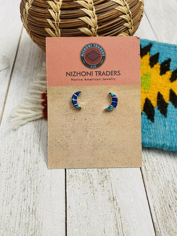 Zuni Sterling Silver And Azurite Inlay Moon Stud Earrings