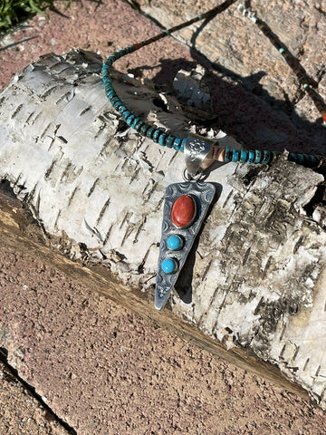 Navajo Handmade Sterling Silver Arrow Turquoise and Spiny Pendant