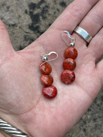 Navajo Sterling Silver Apple Coral 3 Bead Dangle Earrings