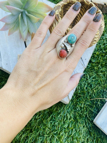 Vintage Navajo Sterling Silver, Turquoise & Coral Ring Size 10