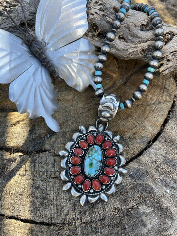 Navajo Sterling Kingman Web Turquoise & Red Coral Taos Ornate Pendant D. Clark