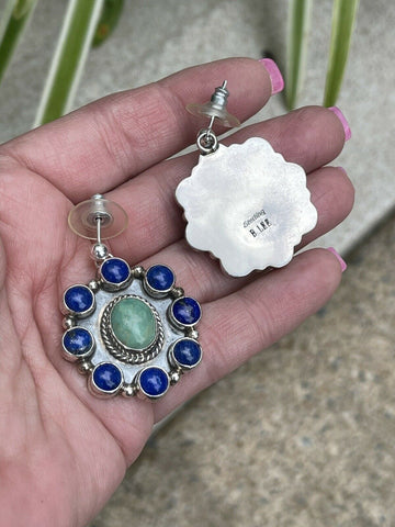 Navajo Sterling Silver Lapis & Turquoise Stone Cluster Dangle Earrings B. Lee