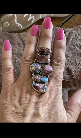 Navajo Pink Dream Mohave & Sterling Silver 6 Stone Ring