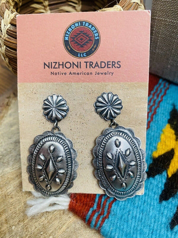 Navajo Hand Stamped Sterling Silver Necklace & Earring Set By Eugene Charley