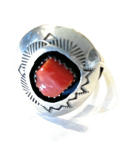 Navajo Sterling Silver Natural Red Coral Shadow Box Ring Sz 8