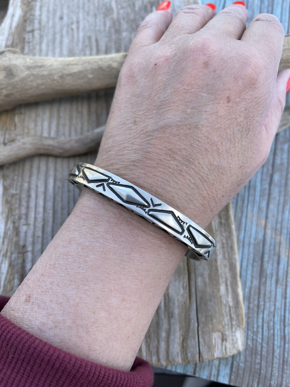 Leander Tahe Hand Stamped Sterling Navajo Bracelet Signed