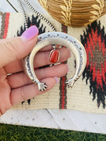 Navajo Sterling Silver & Red Coral Naja Pendant By Martha Cayatineto