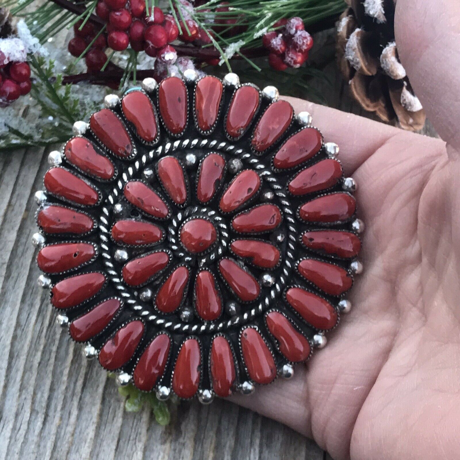 Navajo Jumbo Sterling Silver  Natural Red Coral Cluster Pendant/pin Signed