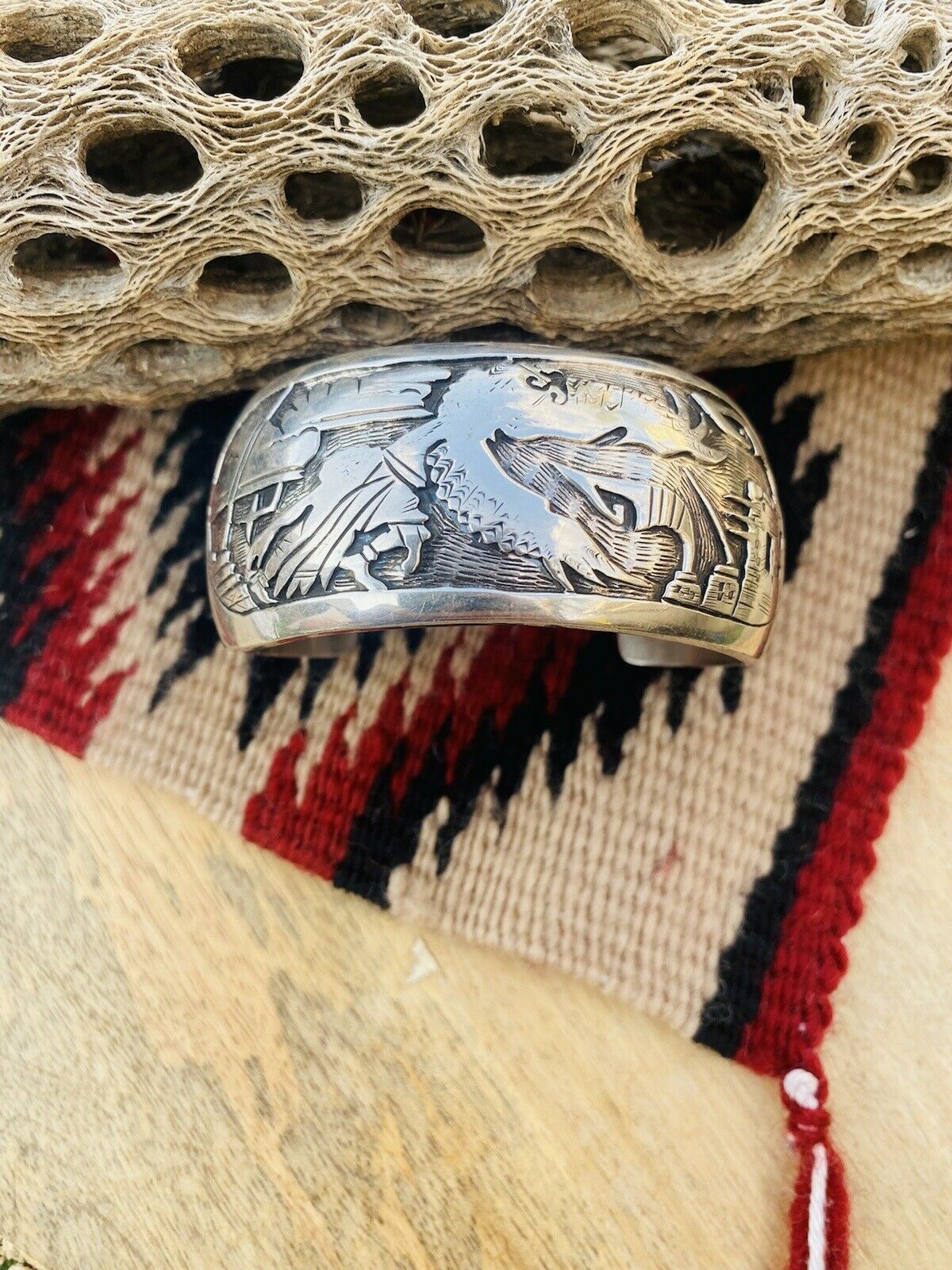 Vintage Navajo Sterling Silver Story Teller Cuff Bracelet